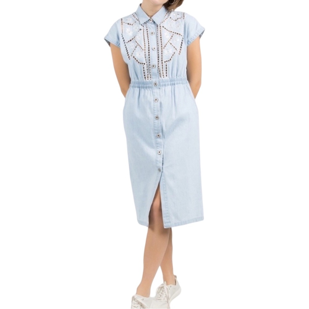 POL Chambray Denim Prairie Midi Dress Embroidered Eyelet Blue S NWOT